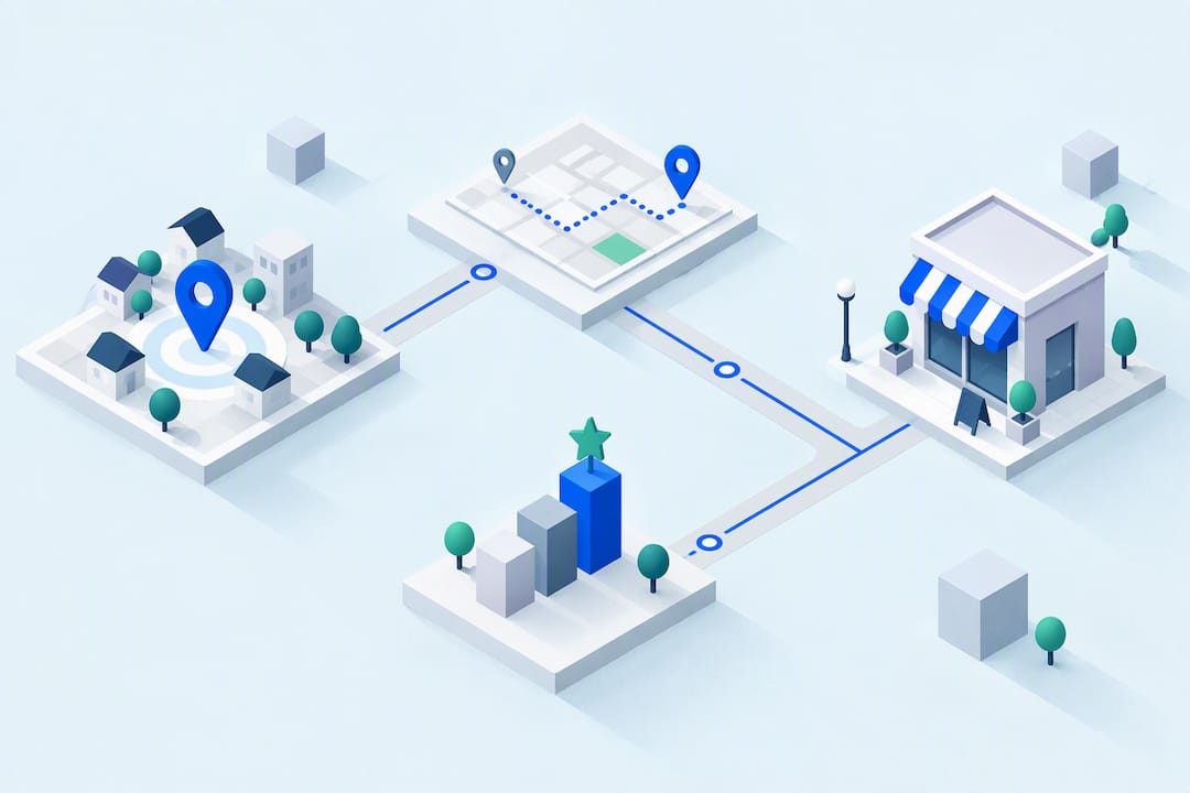Illustrazione isometrica degli elementi della SEO locale