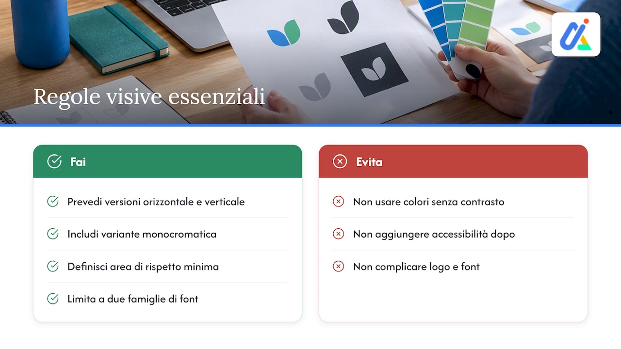 Elementi visivi e applicazioni pratiche: logo, palette, tipografia e materiali coordinati — overview diagram